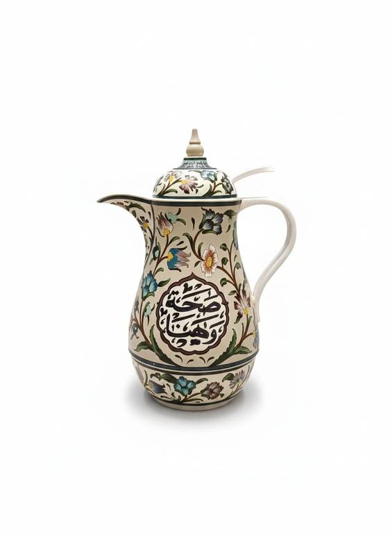 ترمس قهوه رسم يدوي لون كريمي