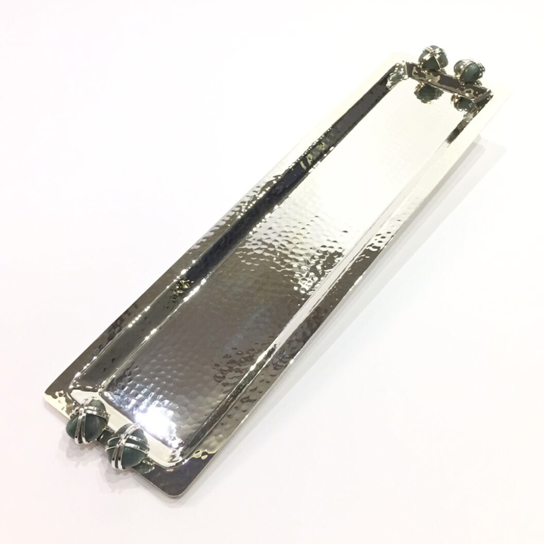 Silver plated long tray 65cm with green precious stones 