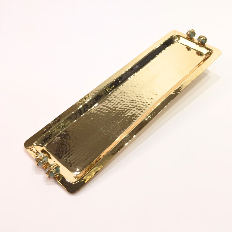Gold plated long tray 55cm green  precious stones
