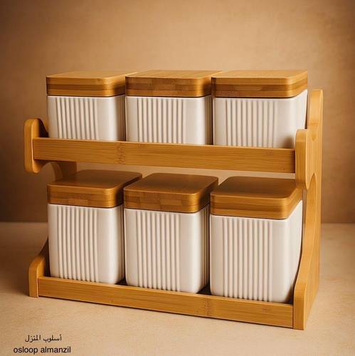 علب بهارات ملون ابيض خشبي