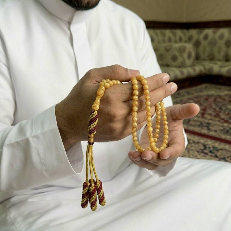 مسباح بكلايت فاخر كراميل معرق شبيه الكهرمان مع كروكشة توفي واحمر تفصال – 99 حبة – حجم صغير