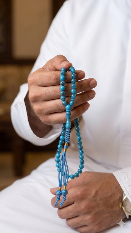  مسباح  بكلايت فاخر  فيروزي مع كركوشة بحري تفصال خاص – 99 حبة – حجم صغير