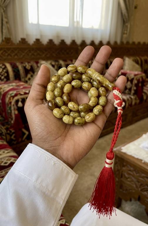 سبحة معجن كهرمان لوزي طبيعي - تجزيعات رخامية فريدة وأناقة كلاسيكية