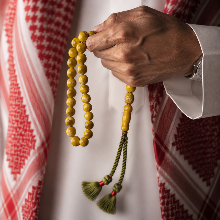 مسباح معجون كهرمان فواح اصفر معرق كركوشة زيتي تفصال