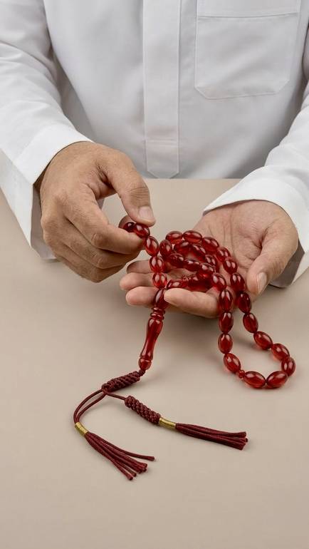 مسباح زعفراني أحمر ملكي – خرز قصة بيضاوية وتفصال يدوي عنابي فاخر