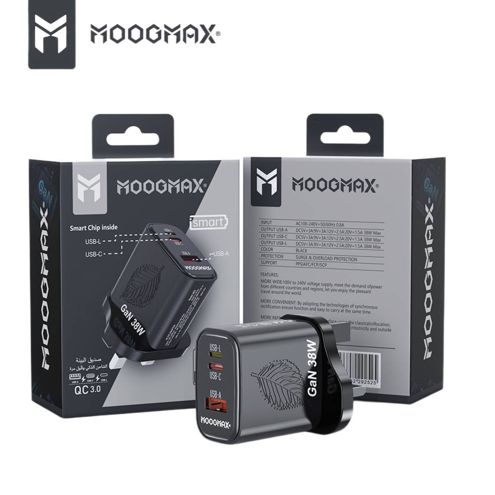 Mojmax 38W Wall Charger with USB and Type-C Ports - Black