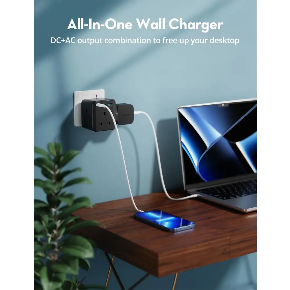 راف باور - شاحن جداري بايونير 3 مداخل طاقه ثلاثيه مع منفذين USB ومنفذ تايب سي بتقنية PD بقوة 20 واط - اسود