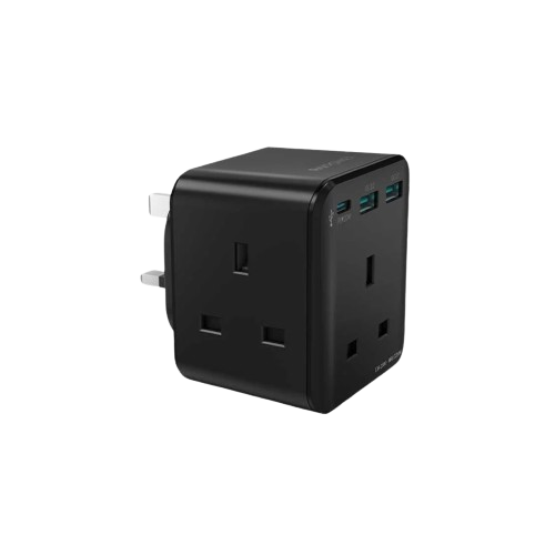 راف باور شاحن جداري بايونير 3 مداخل طاقه ثلاثيه مع منفذين USB ومنفذ تايب سي بتقنية PD بقوة 20 واط ميني - اسود