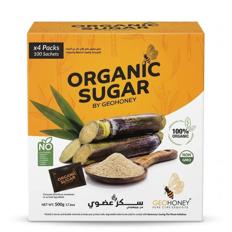 GEOHONEY Organic Raw Cane Sugar Sachets 500g (100 Sachets x 4 Packs)