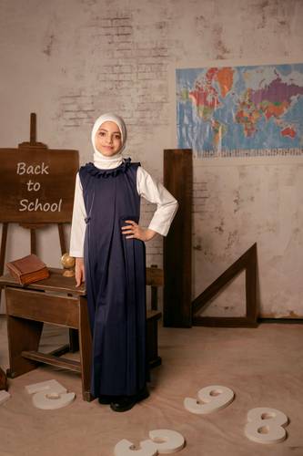‏School Uniform Dress with Neck Pleats long navy 