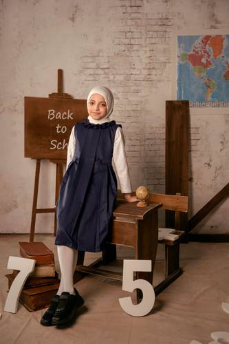 ‏School Uniform Dress with Neck Pleats short navy 