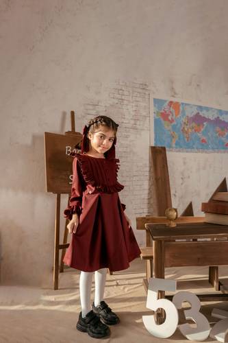 ‏School Uniform Dress with Pleats burgundy 