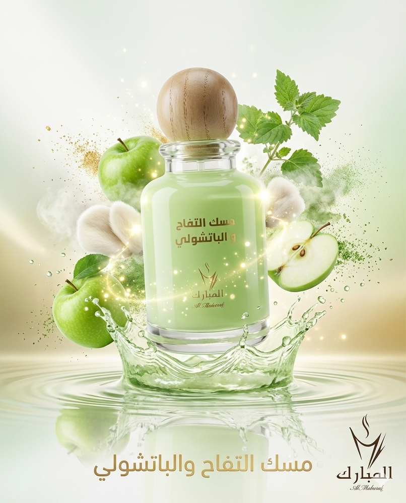 مسك التفاح والباتشولي عطر 100 مل المبارك زجاجة عطر خضراء مع تفاح أخضر ونبات الباتشولي