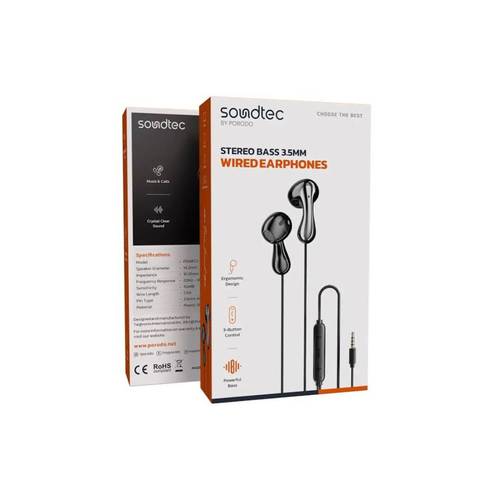 سماعات أذن سلكية Porodo Soundtec بصوت ستيريو وجهير (Bass) وموصل 3.5 مم - أسود
