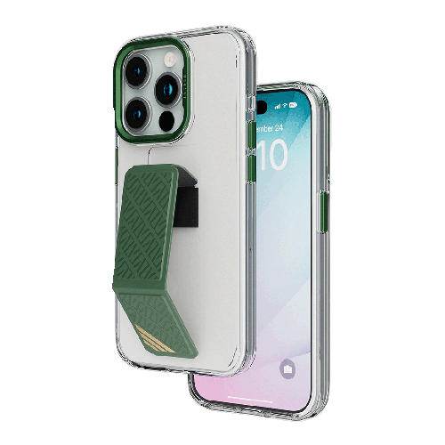 LEVELO MORPHIX CLARA 15 PRO MAX  GREEN WITH PREMIUM LEATHER  KICKSTAND GRIP CASE