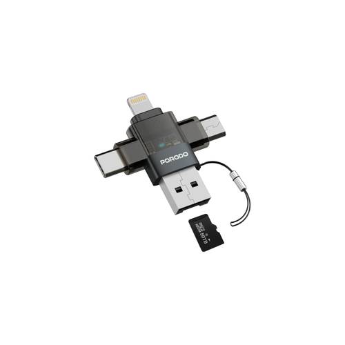 محول Porodo Minilink الشفاف بتقنية OTG مع منافذ USB-C وMicro USB وLightning وفتحة لبطاقة الذاكرة - رمادي