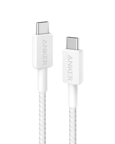 كابل أنكر USB-C إلى USB-C (طول 3 أقدام، 60 واط، مضفر) - أبيض - A81F5H21