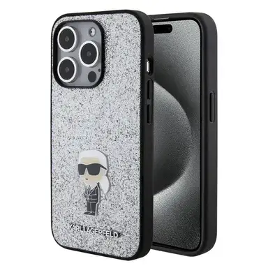 Karl Lagerfeld Fixed Glitter Case with Ikonik Logo Metal Pin - Silver - iPhone 15 Pro Max