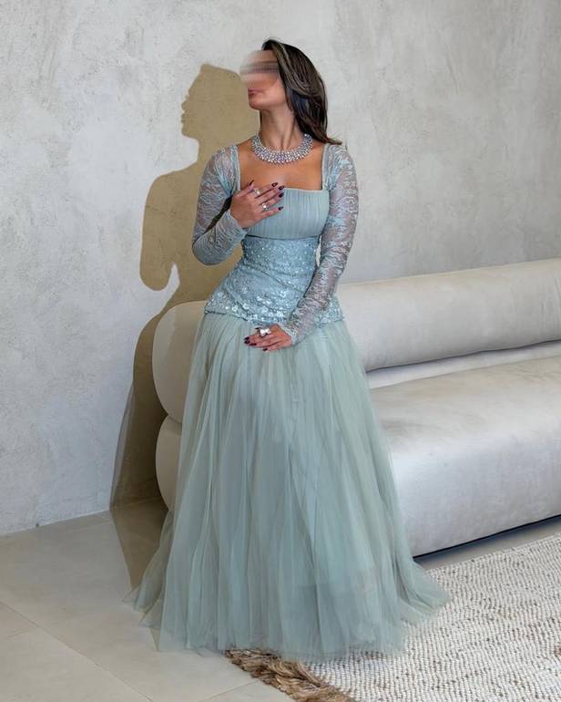 Ariyam Long Sleeve Tulle Dress - فستان اريام تل باكمام طويلة