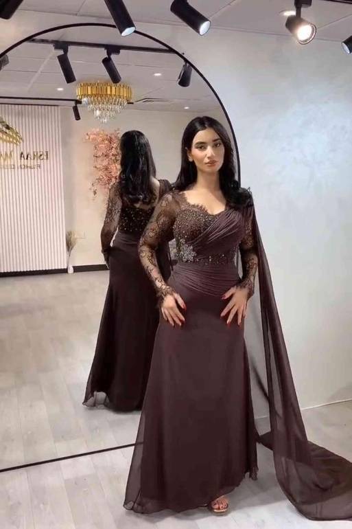 فستان سهرة بني الخامه جورجيت +دانتيل