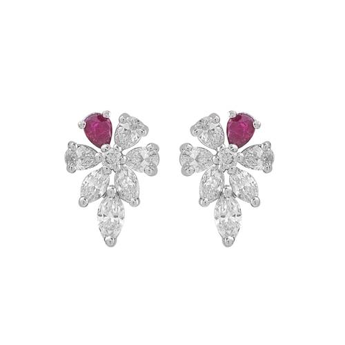 Diamond Earring with Ruby Stone and 18K White Gold