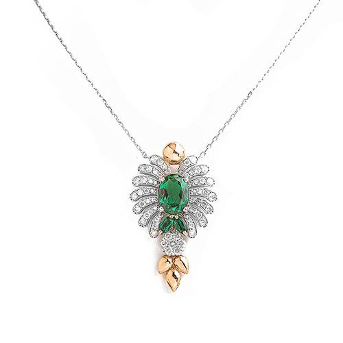 Diamond Pendant with Green Stone and 18KT White and Rose Gold