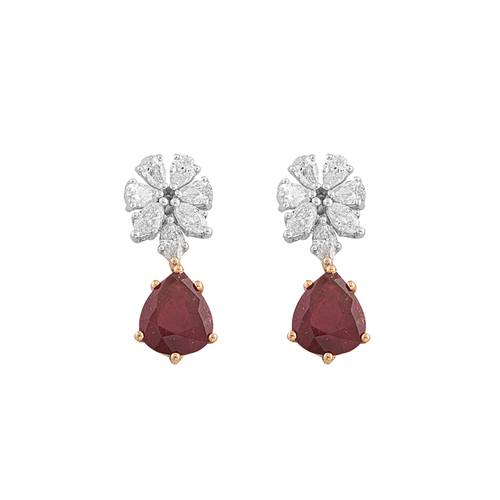 Solitaire Diamond Earring with Ruby Stone and 18K White & Rose Gold