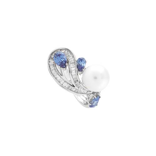 Diamond Ring with Pearl & Blue stone and 18KT White Gold