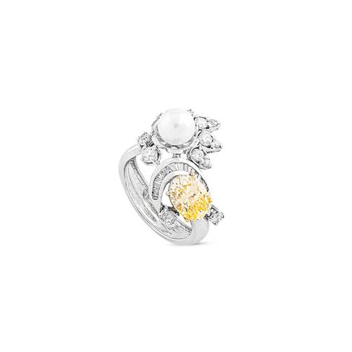 Diamond Ring with Pearl & Yellow stone and 18KT White Gold