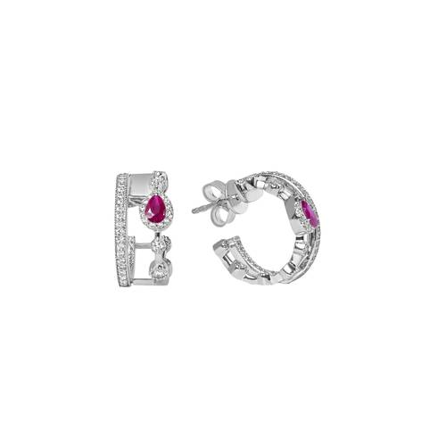 Diamond Earring with Ruby Stone and 18K White Gold