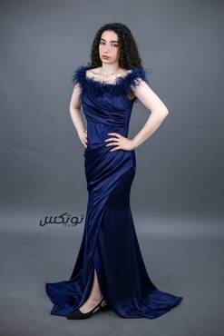 فستان سهره مزين بريش - كحلي - S