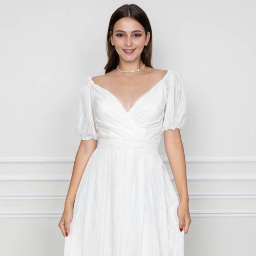 فستان شيفون مقصب  - L - أبيض