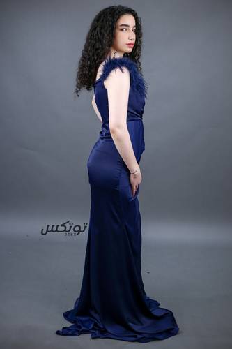 فستان سهره مزين بريش - كحلي - S