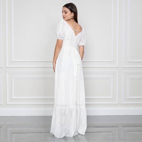 فستان شيفون مقصب  - S - أبيض