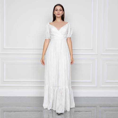 فستان شيفون مقصب  - M - أبيض