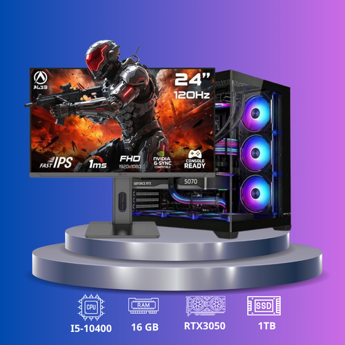 كمبيوتر ألعاب i5-10400 | RTX 3050 | RAM 16GB | SSD 1TB NVMe | شاشة 24 بوصة 120Hz | Windows 11 Pro