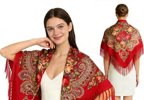 Russian Floral Shawl- Red- Size 90x90 cm