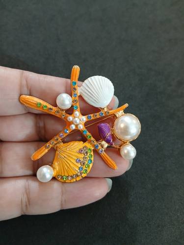 Yellow Sea Star, Shells & Pearls Brooch Pin