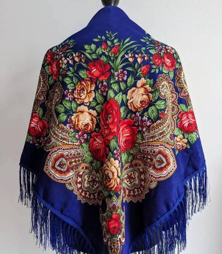 FLORAL RUSSIAN SHAWL- Royal BLUE-160x160 cm