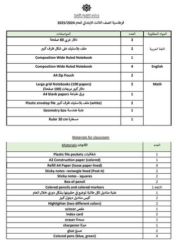 قرطاسية الصف الثالث (بنات)