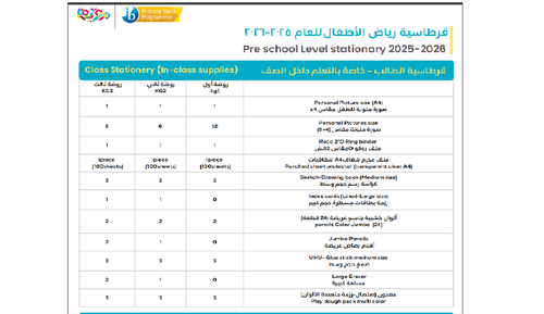 قرطاسية الطالب - خاصة بالتعليم داخل الصف (رياض اطفال)