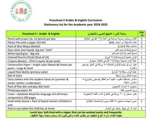 Preschool 2  Stationery List 