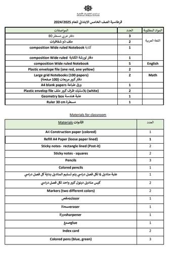 قرطاسية الصف الخامس (بنات)