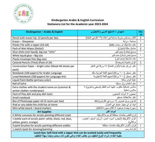 قائمة القرطاسية لرياض الأطفال