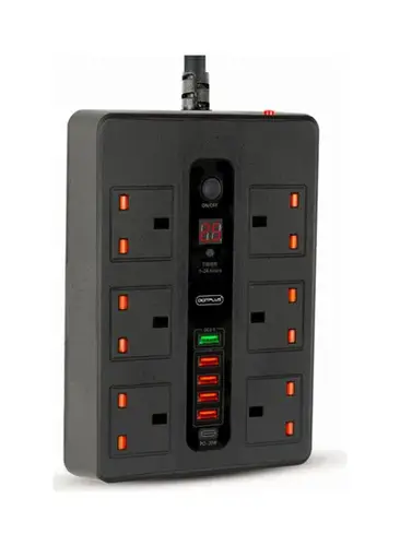 وصلة كهرباء 2 متر مع مؤقت ذاتي 6 مداخل كهرباء 5 منافذ USB و PD أسود ديجيت بلس