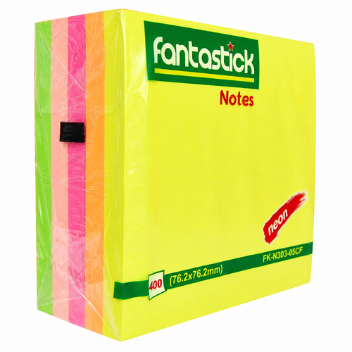 Fantastick نوتات لاصقة ملونة  – 5 ألوان نيون – 400 ورقة – 76×76 مم