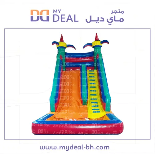 زحليقة مع مسبح مائي لون السلايد برتقالي طول 8 عرض 4 ارتفاع 8 متر مع اعمدة مشجرة