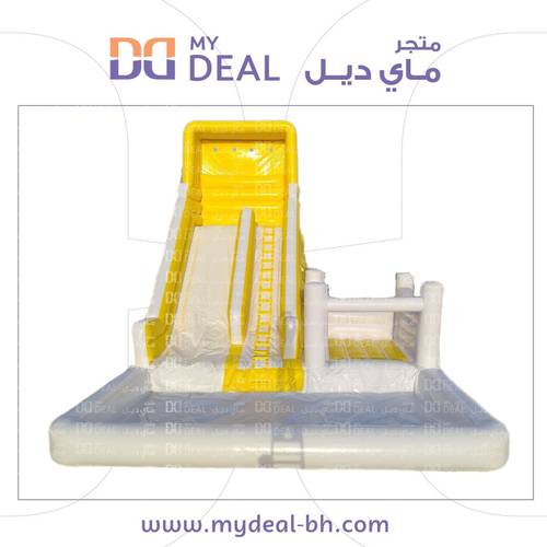 زحليقة مائية مع نطيطة ومسبح كبير 9×7×7 متر بألوان الأبيض والأصفر | مثالية للحفلات والتأجير اليومي