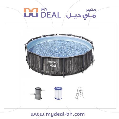 مسبح متنقل لكل المراحل العمرية بأعمدة دائري رصاصي غامق مع فلتر وسلم 3.66*3.66*1 متر يتسع 8 اشخاص سعة 9،150 لتر