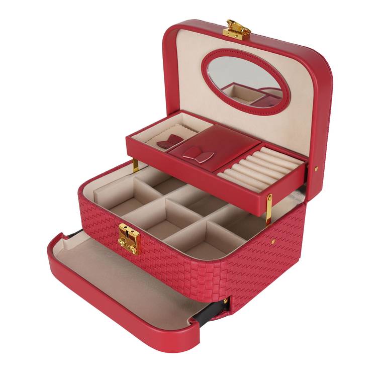 Luxury jewelry organizer bag with rose, lock, and two drawers PU - أحمر